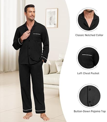 COLORFULLEAF Men's 100% Cotton Pajamas Set Button Down Pajamas for Men Long Sleeve 2 Piece Sleepwear Lounge Sets with Pockets thumbnail 3