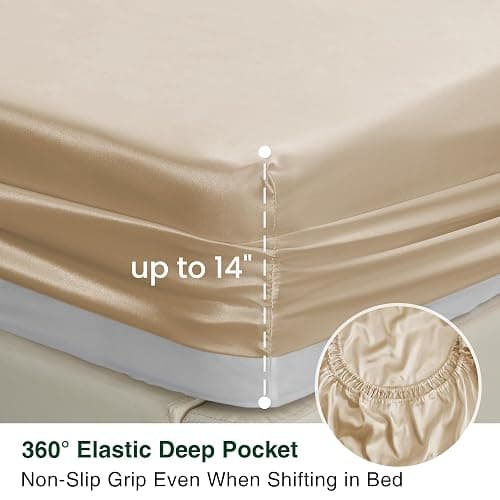 Love's cabin Full Size Satin Sheet Sets - 4 Piece Beige Silky Sheet Set with Deep Pocket, Luxury Silk Feel Satin Sheets Full Bedding Set (1 Flat Sheet,1 Fitted Sheet,2 Pillow Cases) thumbnail 7