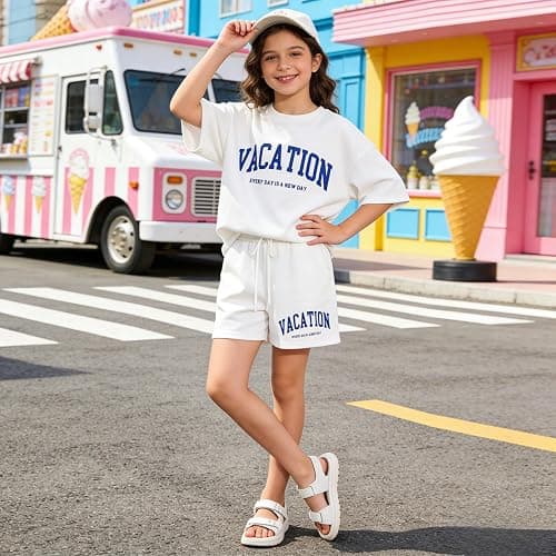 Klyatpxoen Size 6-12 Years Girl's Tracksuit Sets 2 Piece Outfits Letter Print Vacation Tee Top and Drawstring Waist Shorts thumbnail 2