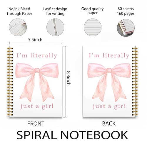 RUNMESS Coquette Pink Bow Notebook, Preppy Girly Aesthetic Journal, Preppy Gifts for Women, Girly Office Supplies, I'm Literally Just a Girl Hardcover Spiral Notebook 5.5x8.3 Inch - Just a Girl thumbnail 3