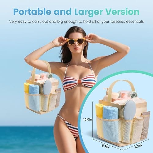 Mesh Shower Caddy for College Dorm Room Essentials for Girls with 9 Pockets,Large-Capacity Shower Basket,Quick Dry Toiletry Tote Bag for Women,Outdoor Gym,Travel,Swim,Beach Camping Essentials-Beige thumbnail 5