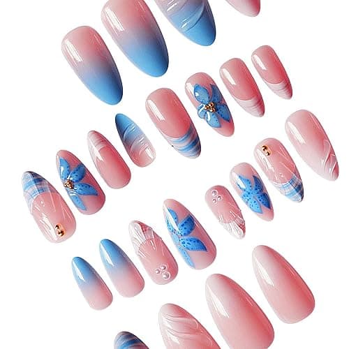 QQPPOLIU Blue Press on Nails Medium Almond Stick on Nails Pink with 3d French Tips Design for Women and Girls 24pcs thumbnail 4