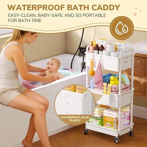 Goovilla Diaper Cart with Lockable Wheels and Easy Assembly, 3 Tier White Rolling Cart for Baby Nursery Storage, Sturdy Ample Diaper Caddy Organizer for Baby Girl, Boy, New Mom, Newborn Essentials thumbnail 4