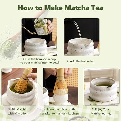 4PCS Matcha Tea Set with Whisk and Bowl, Traditional Bamboo Chasen Matcha Whisk & Handmade Ceramic Matcha Bowl with Spout (White) thumbnail 5