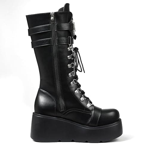 Yremael Women's Black Platform Boots Wedge Combat Gothic Chunky Heel Lace Up Mid Calf Punk Motorcycle Shoes thumbnail 6