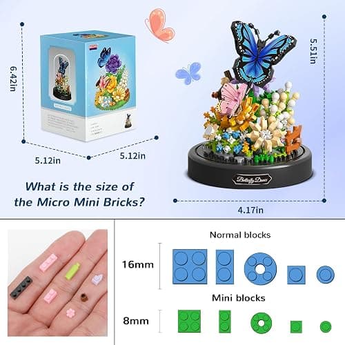 QLT QIAOLETONG Flower Bouquet Building Kit for Adults, 530 PCS Animals Flowers Botanical Collection Mini Building Blocks Set, Valentine's Day for Her Mom Women Wife Girlfriend (Butterfly) thumbnail 3