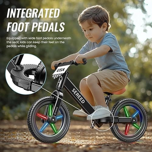 SEREED Toddler Balance Bike 2 Year Old, No Pedal Kids Bicycle Toys for 2-5 Years Old, Tool-Free Adjustment, Customize Plate with Stickers, Gift for 2-3 Boys Girls (Black Lighting) thumbnail 2
