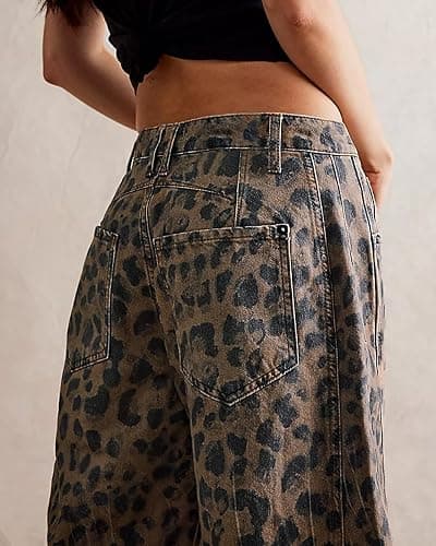 Kedera Women's Baggy Barrel Jeans Casual Boyfriend Mid Rise Leopard Printed Wide Leg Denim Ankle Pants thumbnail 4