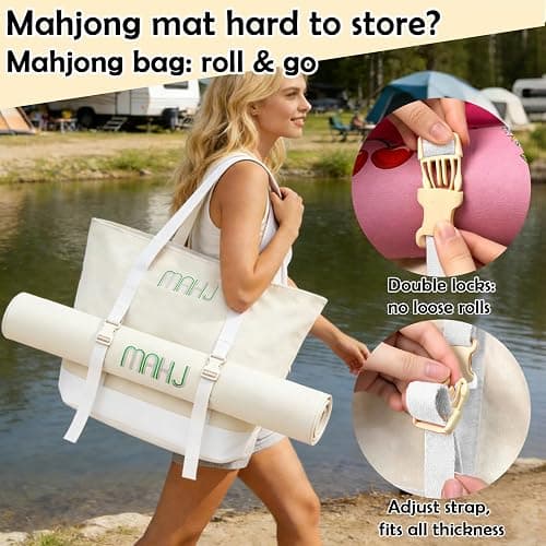 Mykng Nzw 3Pcs Canvas Mahjong Tile Bag Set for Tiles and Racks, Beige | Canvas Tote Bag with Mat Holder Accessories Organizer,Portable Mahjong Case Drawstring Protective Sleeve for Rack Pushers thumbnail 4