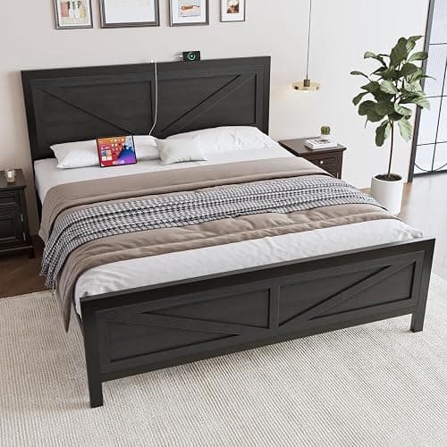 DOGIBIXO Full Size Bed Frame with Led Lights and USB Charging, Industrial Platform Bed Frame with Farmhouse Barn Door Headboard, Strong Metal Slats Support, Noise Free, No Box Spring Needed, Black thumbnail 7