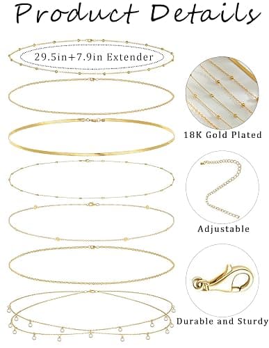 Wrlcorly 8Pcs Waist Chain 18K Gold Plated Belly Belt Chains Sexy Bikini Summer Beach Satellite Beaded Sequin Snake Layered Coin CZ Body Chain Jewelry Accessories for Women Gold Silver Tone Adjustable thumbnail 2