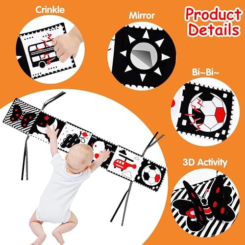 Baby Toys 0-3 Months: Black and White High Contrast Baby Toys 0-6 Months, Baby Soft Cloth Book Tummy-Time Toys with Mirror for Babies Infants 6-12 Months, Brain Development Newborn Toys Gift thumbnail 5