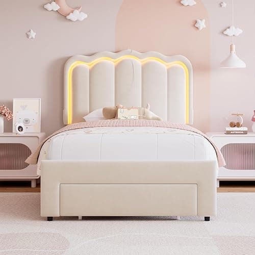 Twin Upholstered LED Bed Frame with Storage Drawer and Adjustable Chic Double Wavy Headboard, Velvet Princess Platform Bed for Kids/Girls, Solid Wood Slats Support, No Box Spring Needed, Beige thumbnail 8