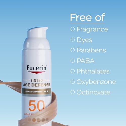 Eucerin Sun Tinted Age Defense Face Sunscreen Lotion SPF 50 with Hyaluronic Acid, Tinted Sunscreen for Face, Blendable Tint for All Skin Tones, Non Comedogenic and Hypoallergenic, 2.5 Fl Oz Bottle thumbnail 6