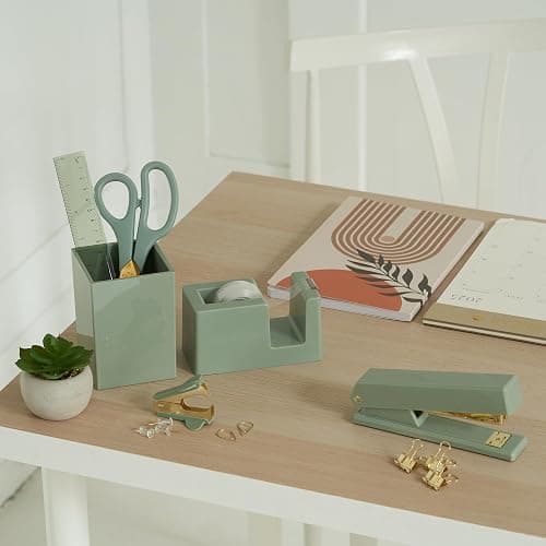 Aesthetic Desk Accessories Set - A Complete Desktop Organizer Set For Women Enhances Any Office Decor - An Office Supplies Kit w Gold Finish incl. Pen Holder, Scissors, Stapler, Tape Dispenser & More thumbnail 2