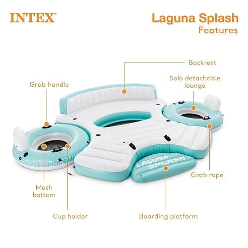 Intex Laguna Splash Island Outdoor Floating Water Raft with 2 Detachable Solo Lounge Tubes, Connectors, Built-in Cupholders, and Grab Handles, Blue thumbnail 4