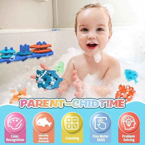Silicone Baby Bath Toys – Stackable, Shape-Sorting Floating Set with 10 Mold-Free Textured Pieces, No-Hole Design – Early Learning Bathtub Toys for Toddlers and Kids thumbnail 6