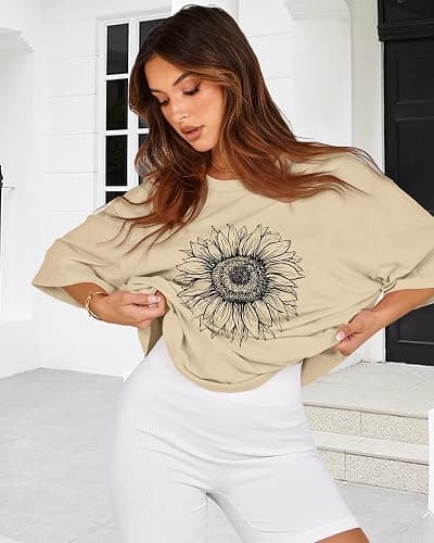 Womens Oversized Tshirt Graphic Tees Crew Neck Summer Short Sleeve Loose Fit Tops - Small - A-sunflower Print Khaki thumbnail 4