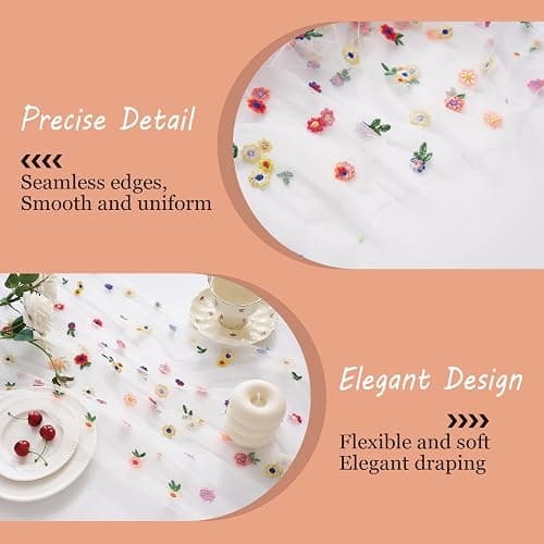 Lvory Embroidery Daisy Table Runner 10ft 120 Inch Fall Florals Gauze Tulle Cheesecloth Holiday Kitchen Dining Table Decoration for Home Wedding Party Baby Shower Birthday Decorations thumbnail 4