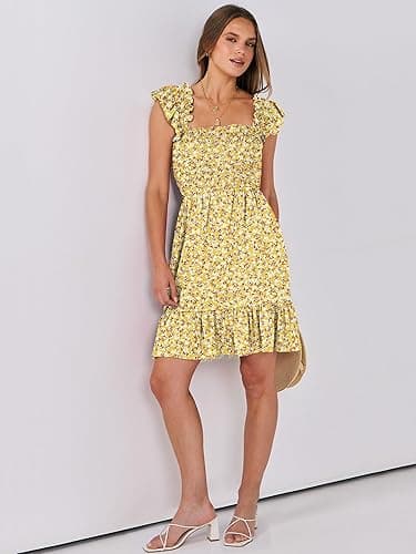 Prinbara Womens Summer Casual Square Neck Smocked Short Sundress 2025 Spring Beach Vacation Flowy Cute Teen Boho Dresses - Floral Yellow - X-Small thumbnail 3