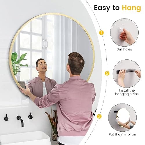 Garvee 24 in Round Mirror for Wall, Gold Metal Frame Circle Mirror, Round Bathroom Mirror for Wall Decor, Rounds Mirror for Entryway, Vanity, Bedroom, Easy to Install thumbnail 9