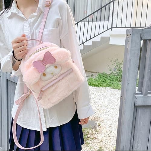 trettitre My Melody Small Cute School Bag，Pink Furry Fabric with Bow Design,My Melody Plush Mini Backpack,Adorable Bag Handbag for Girls Kids Fans Birthday Present School Supplies thumbnail 3