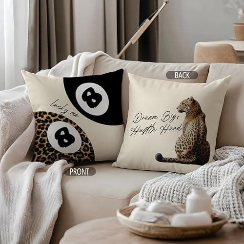 Foritho Trendy Leopard Lucky 8 Ball Pillow Covers 18x18, Cheetah Leopard Print Room Decor, Funky Preppy Leopard and Black Billiards Decorative Throw Pillow Covers for Girls Dorm Apartment thumbnail 4