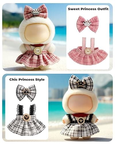 (4-Pack) 17cm Clothes Set, Black Plaid Outfit & Pink Plaid Dress Set with Bow Clip and Metallic Details, Cute Pink Clothing, Knitted Doll Clothes with Hat & Crossbody Bag for 17cm Doll thumbnail 3