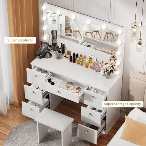 VOWNER Vanity with Lighted Mirror - Makeup Vanity Desk with Power Outlet and 7 Drawers, 3 Color Lighting Modes Adjustable Brightness, 44" Vanity Table with Soft Cushioned Stool for Women Girls, White thumbnail 3