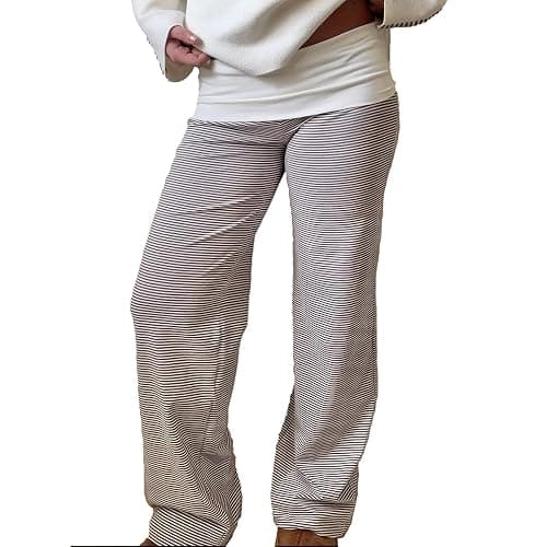 MYBFYABO Y2k Fold Over Yoga Pants for Women Low Rise Wide Leg Sweatpants | Womens Comfy Flowy Palazzo Pajama Pants, Contrast Color/ Striped Wide Foldover Waist Lounge Bell Bottoms 2026 - Image 1