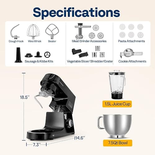 VIVOHOME 9 in 1 Multifunctional Stand Mixer with Fermentation, 6 Speed 7.5 Quart Kitchen Electric Food Mixer with Timer, Meat Grinder, Juice Blender, Vegetable Slicer, Pasta and Cookie Maker, Black thumbnail 2