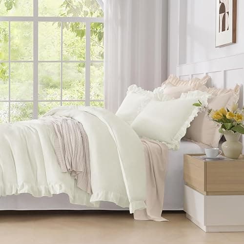 Andency Ivory Comforters Queen Size, 3 Pieces Solid Shabby Chic Farmhouse Bedding Comforters & Sets, Lightweight Fluffy All Season Soft Down Alternative Bed Set for Women Men thumbnail 6