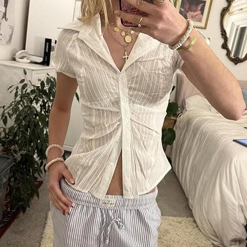Women Y2k Short Sleeve Button Down Shirts Coquette V Neck Collared Crop Tops Vintage Slim Fit Going Out Blouse thumbnail 2