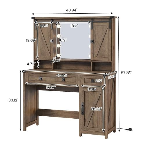 AOGLLATI Makeup Vanity with Lights & Barn Doors, Vanity Desk with Mirror and Lights & Charging Station, Farmhouse Brown Vanity Table with Jewelry Hooks and Open Storage Shelves thumbnail 2