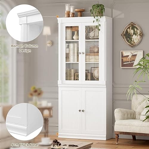 FACBOTALL 71.3'' Tall Bookcase with Glass Doors, Farmhouse Book Shelf with Adjustable Shelf, Tall Bookshelf with Storage, Bookshelves and Bookcases with 5 Tier Display Storage for Living Room, White thumbnail 7