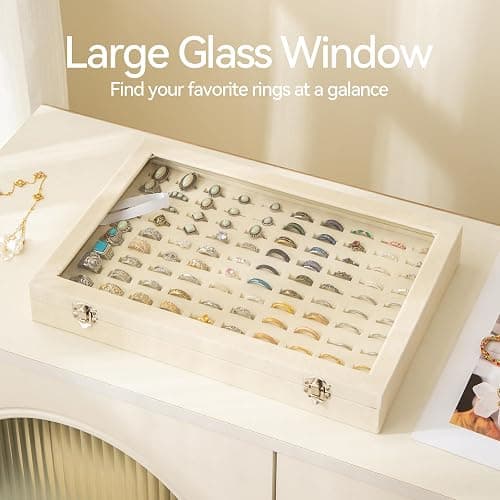 Frebeauty 100 Slots Ring Organizer Tray,Velvet Ring Box with Clear Lid | Velvet Lining Provides Protection,Fits Rings of Various Sizes,Glass Lid Jewelry Tray,for Personal Use and Ring Display thumbnail 4