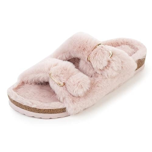 FITORY Womens Open Toe Slipper with Cozy Lining,Faux Rabbit Fur Cork Slide Sandals Size 6-11 thumbnail 5