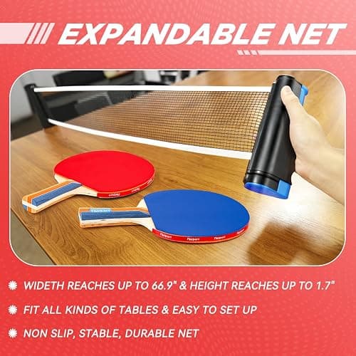 FBSPORT Ping Pong Paddle Set, Portable Table Tennis Set with Retractable Net, 4 Rackets, 8 Balls and Carry Bag for Adult Indoor/Outdoor Games thumbnail 5