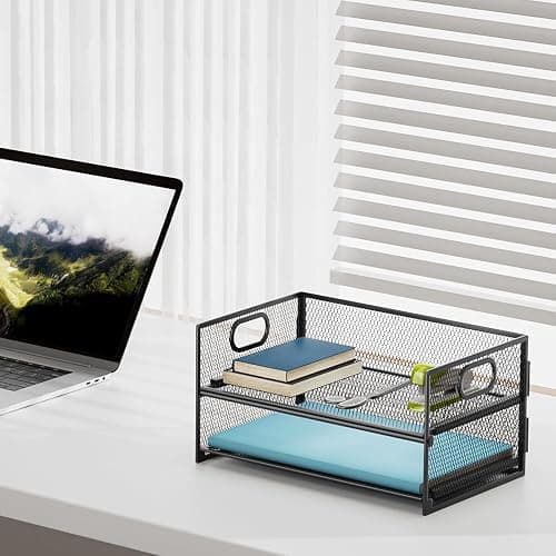 Marbrasse 2 Tier Paper Organizer Letter Tray, Mesh File Organizer with Handle, Paper Sorter Desk Organizer for Home Office Supplies - Black thumbnail 2