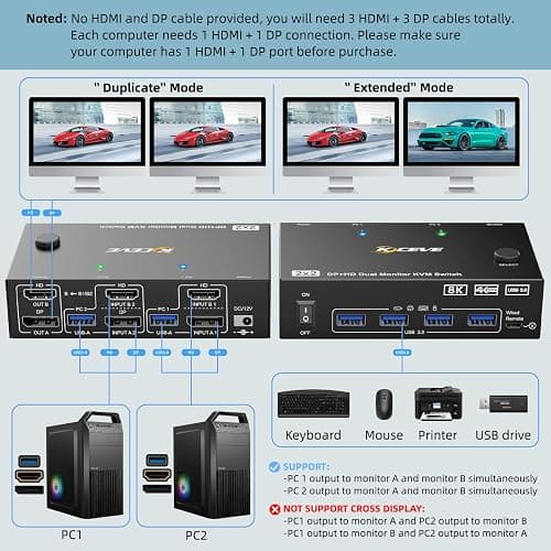 KVM Switch 2 Monitores 2 PC 8K Displayport + HDMI USB 3.0 KVM Conmutador para dos monitores, soporta 8K @ 60Hz, 4K @ 120Hz para 2 ordenadores que comparten teclado, ratón y monitor thumbnail 2