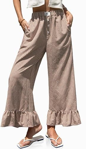 TARSE Women’s Plaid Wide Leg Pants Flared Leg Baggy Drawstring Ruffle Palazzo Pants with Pockets - Image 1