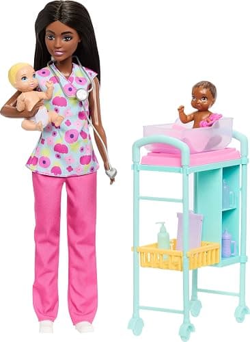 Barbie Careers Baby Doctor Playset with Brunette Doll Wearing Scrubs, 2 Baby Dolls, Examination Table & Accessories thumbnail 3