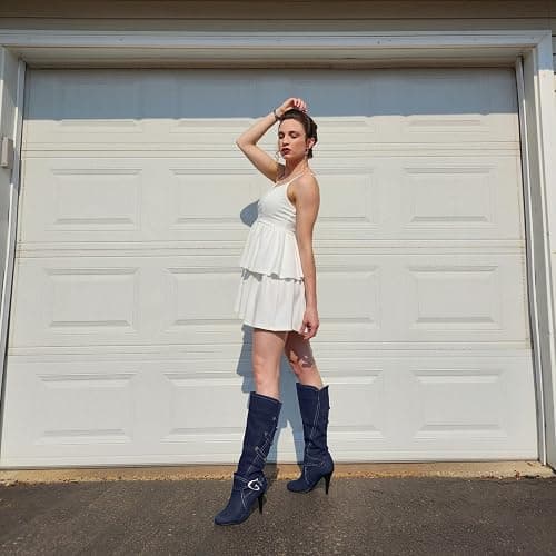 Uniquelly Womens Denim Knee High Boots Stiletto High Heel Mid Calf Slip On Round Toe Classic Retro Winter Shoes thumbnail 4