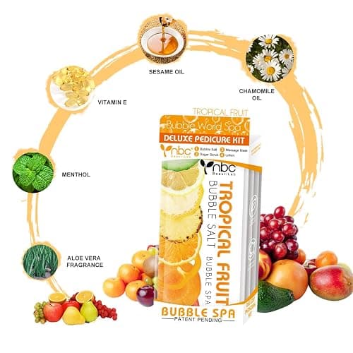 nbc BeautiLab Pedicure Kit Foot Soak Set: Bubble Salt, Sugar Scrub, Massage Mask, Massage Lotion in a Box, 4 Step Foot Spa Kit for Dry Feet,Tired Feet（3 Set Tropical Fruit) thumbnail 5
