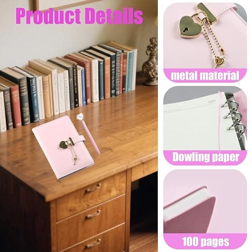 CLDURHGE Diario con Cerradura y Llave en Forma de Corazón, Rosa A6 Cuaderno Secreto, Diario Secreto para niña, Set de Regalo, Cuaderno con candado de corazón, 1 Unidad, 190x120mm, Color Rosa thumbnail 3