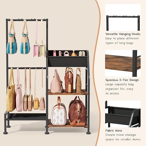 Homsorout Purse Organizer for Women - 3-Tier Storage Stand & 12 Fixed Hooks, Visible Backpack Storage, Space-Saving Bag Organizer Rack for Home, Closet, Black thumbnail 6
