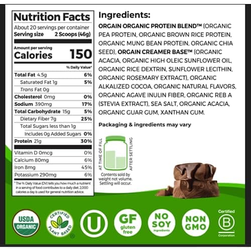 Orgain Organic Vegan Protein Powder, Creamy Chocolate Fudge - 21g Plant Protein, 7g Prebiotic Fiber, Low Net Carb, No Lactose, No Added Sugar, For Shakes & Smoothies, 2.03 lb (Packaging May Vary) - Creamy Chocolate Fudge - 20 Servings (Pack of 1) thumbnail 2