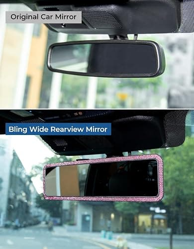 JOYTUTUS Rear View Mirror, Universal 11.81 Inch Panoramic Rearview Accessories with Bling Rhinestones Crystal Diamonds Edge, Interior Clip-on Wide Angle Rear View Mirror -Pink thumbnail 2