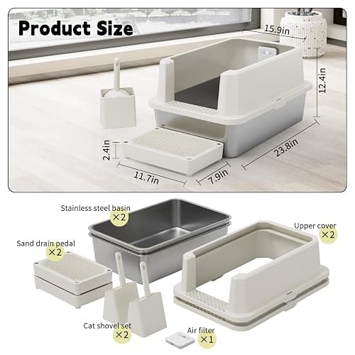 RIZZARI Stainless Steel Litter Box: Beige Leakproof Open Top Tray - Teflon Non-Stick Coating - Large Size Odor Control for Cats Under 20 lbs - with Deodorizer - 2 Pack - for Laundry Room Restroom thumbnail 2