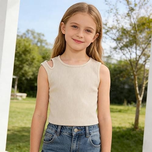 ROMPERINBOX Girls Tank Top 2 Pack Cotton Ribbed Tween Sleeveless Crop Tops for 8-12 Years, Crew Neck Summer Basic Tops thumbnail 3